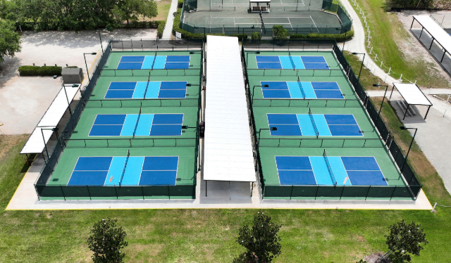 Aerial photo of SCC pickleball courts resurfaced in May 2025
